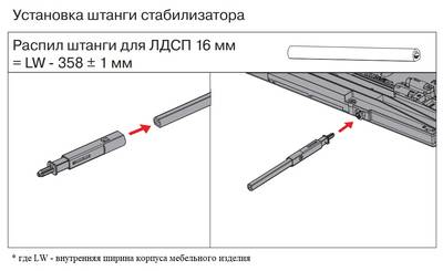 Штанга стабилизации широких баз ALPHALUX 1100мм для направляющих Soft+Push, для ящика CRYSTAL / ЛДСП 16мм Изображение